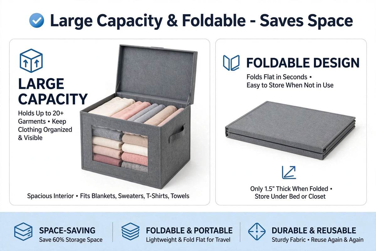 Stackable Closet Organizer Box with Clear Window - Large Foldable Storage Box for Clothes