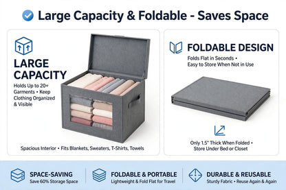 Stackable Closet Organizer Box with Clear Window - Large Foldable Storage Box for Clothes